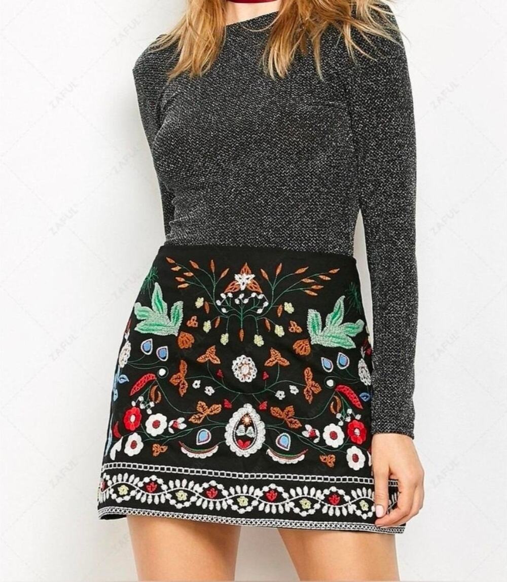Zara Floral Embroidered Mini Skirt Black Multi Boho Folk Botanical A Line XS